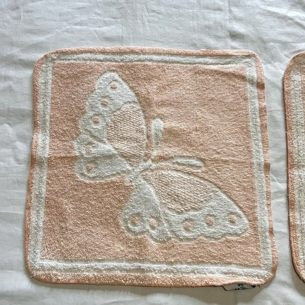 Vintage Fieldcrest Washcloth Face Towel Set of 2 Peach White Butterfly